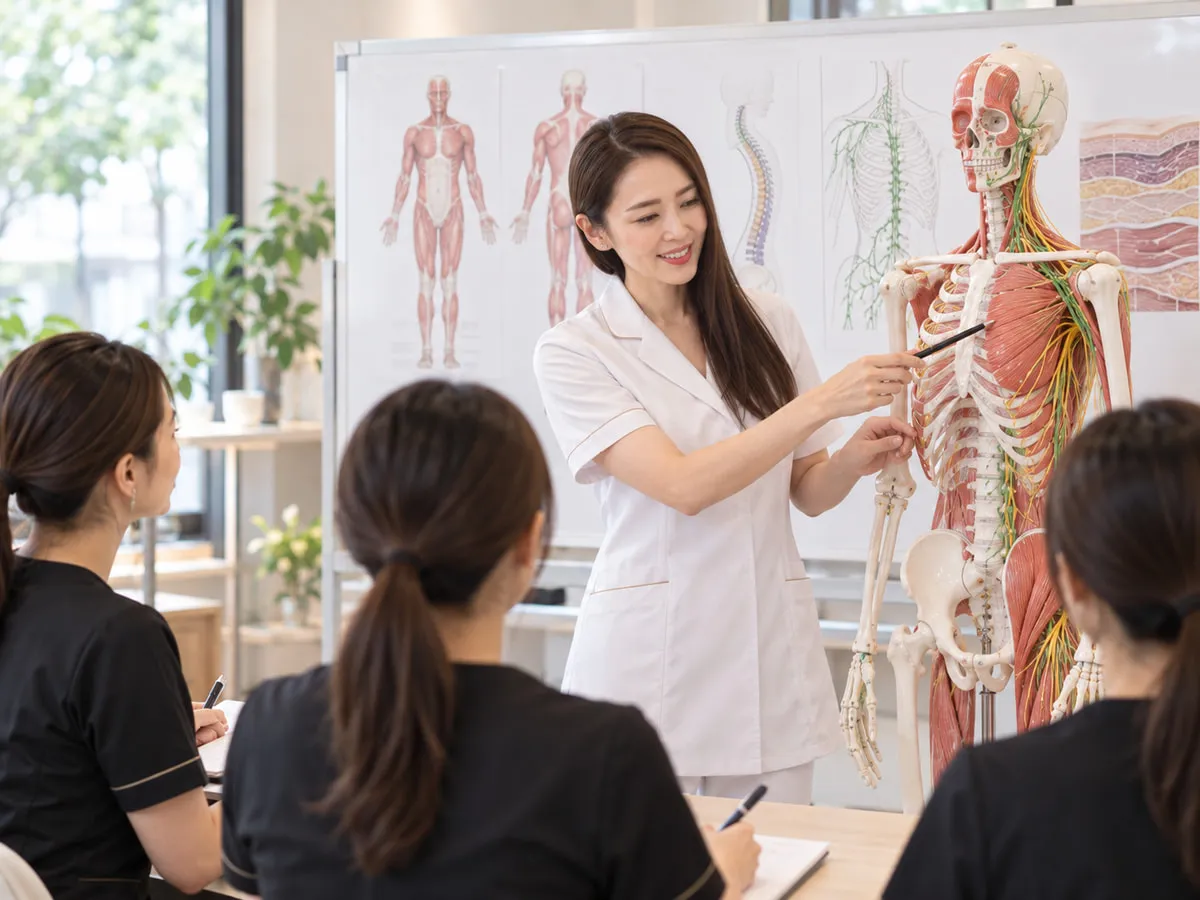 解剖図と骨格模型の前で、筋肉とリンパの流れを説明する講師