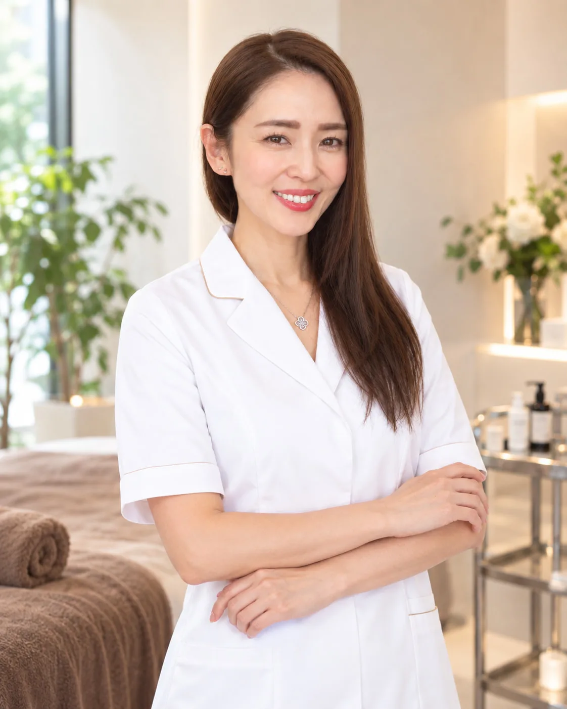 白衣姿で微笑むオーナーセラピスト